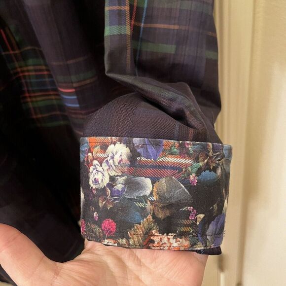 Robert Graham Rainbow Plaid Classic Fit Button Up Shirt Floral Contrast Cuffs XL - Picture 9 of 14
